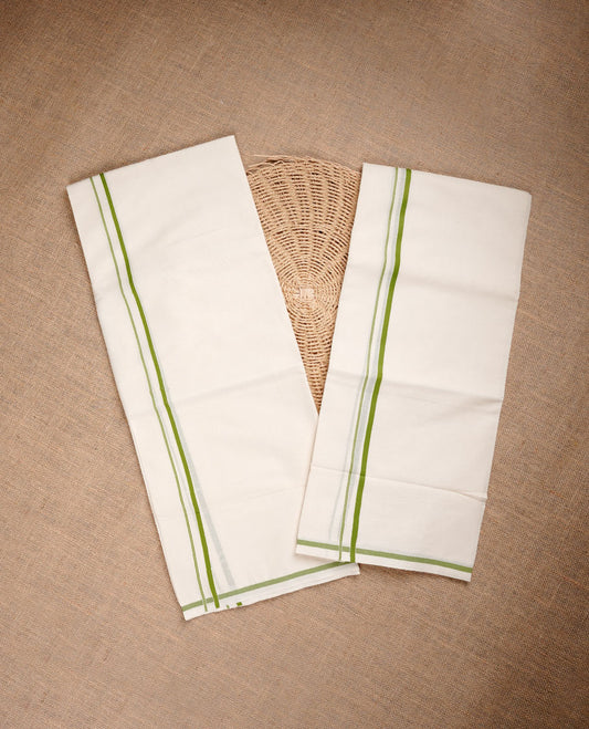 Cream colour cotton set mundu highlighting simple Green colour border.