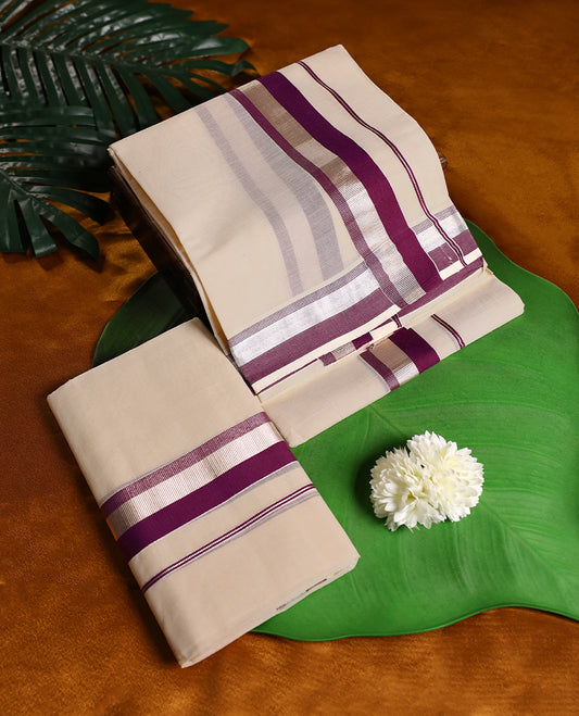 Off white colour cotton SET MUNDU featuring a plain body, complemented by a deep Grape and silver toned border (2.00/2.80 MTS ).