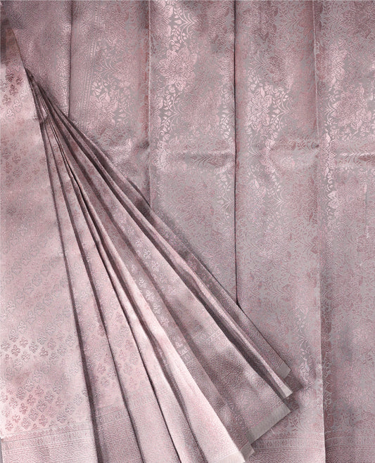 Pastel Rose Gold colour semi tissue saree featuring a brocade body, Contrast border, and a matching Contrast blouse.