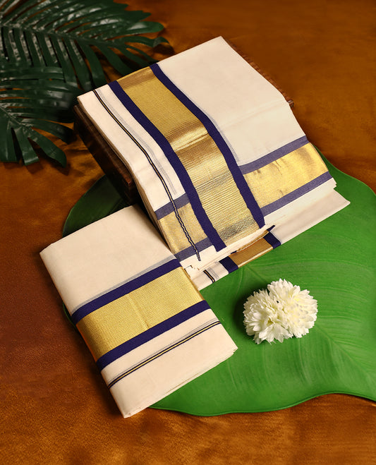 Off white colour cotton SET MUNDU featuring a plain body, complemented by a bold navy Blue and Gold toned border ( 2.00/2.80 MTS ).