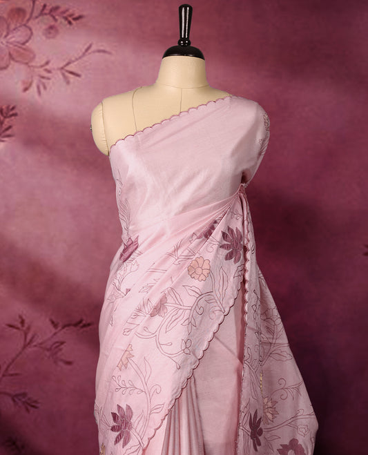 Pastel pink colour pure tussar silk lightweight saree with self colour floral kodi embroidery and tissue fabric applique work on the body, scallop embroidery worked border, with matching self colour plain blouse