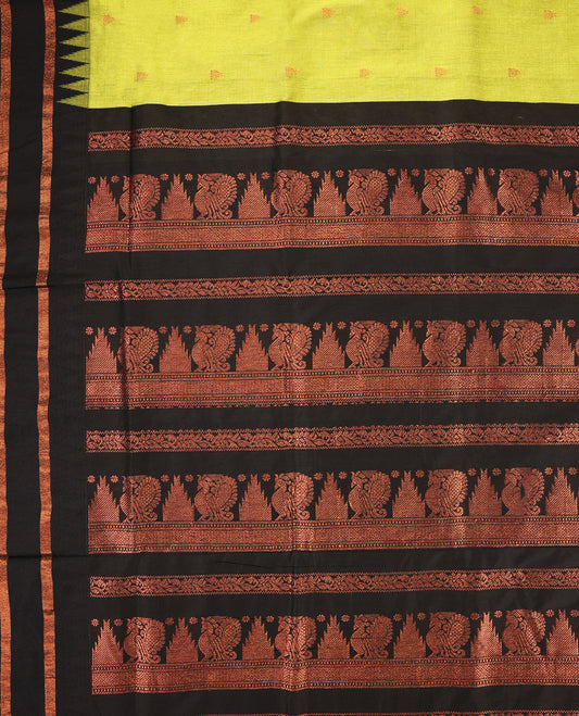 Lemon Green colour mixed Kalyani cotton saree featuring Copper zari motifs throughout the body, paired with Pure Black colour traditional border and pallu, with matching blouse