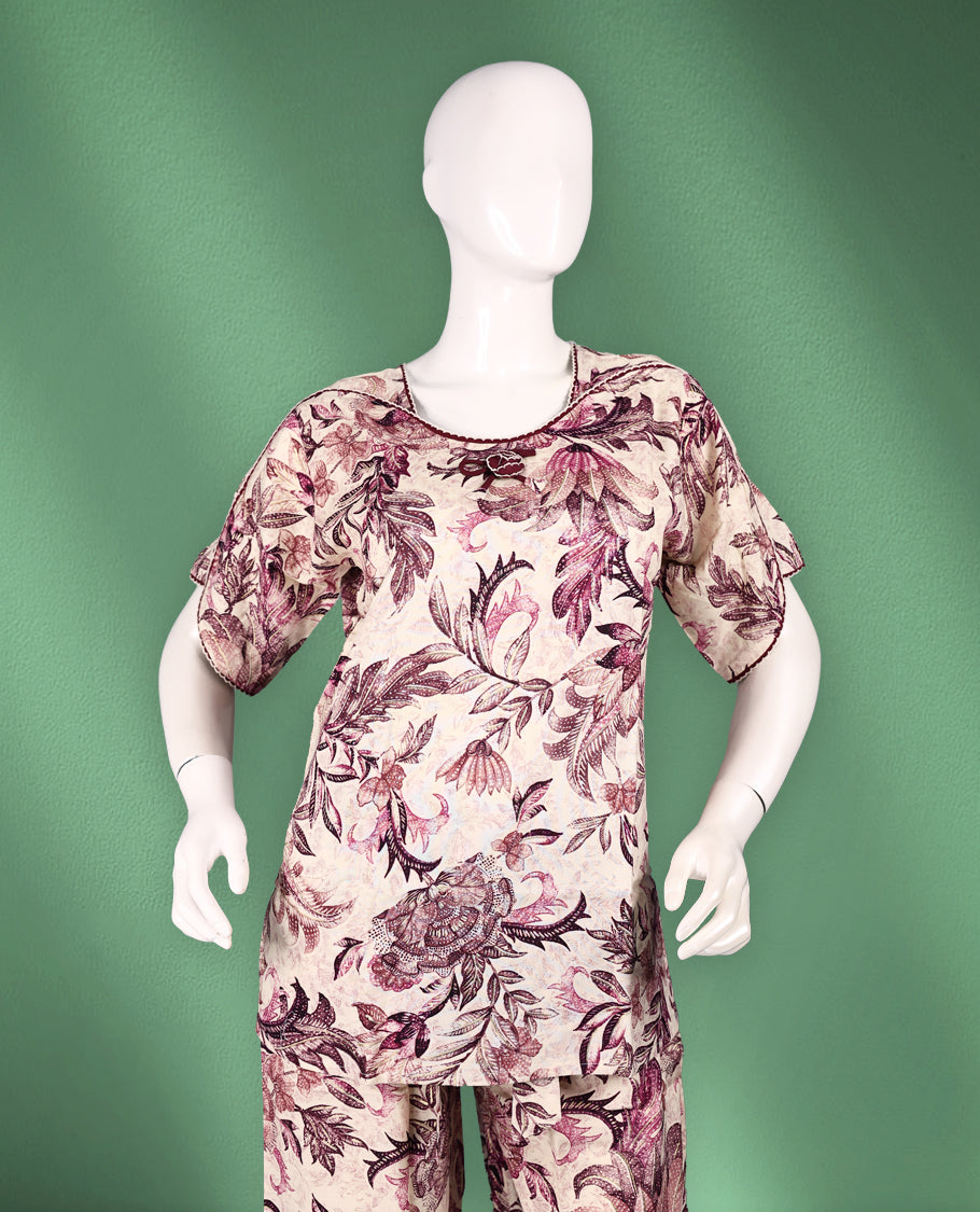 Beige and maroon colour floral printed nightwear featuring a round neckline, short sleeves with gathered detailing, and straight-cut pants for a comfortable and chic everyday style.