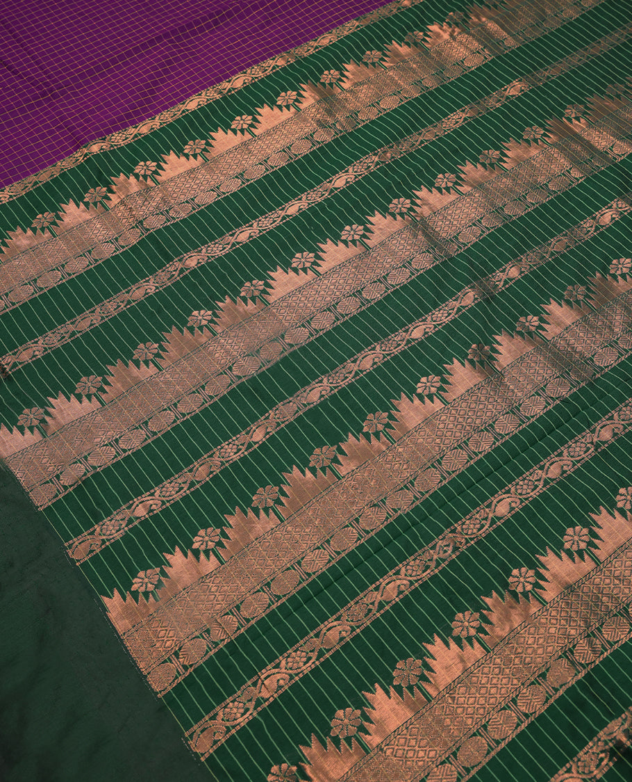 Grape Colour Mixed Kalyani Cotton Saree having Contrast Checked Body with Green Colour Border and Blouse