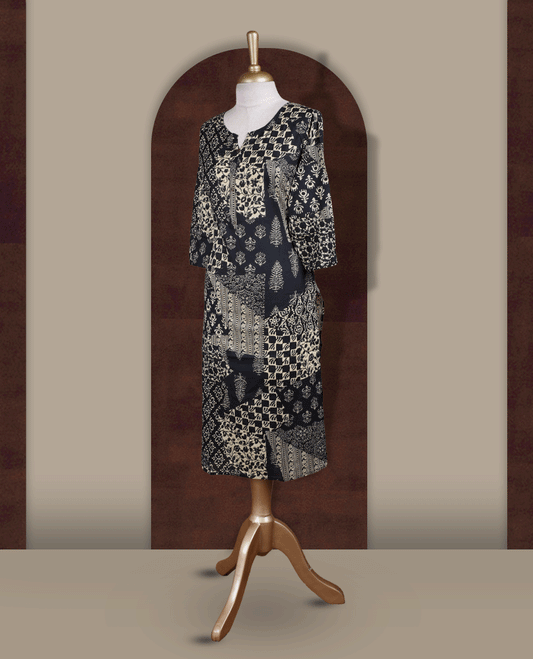 Black colour kurthi featuring elegant beige block prints in a mix of traditional patterns & Designed with a round neckline, button placket, and 3/4 sleeves.