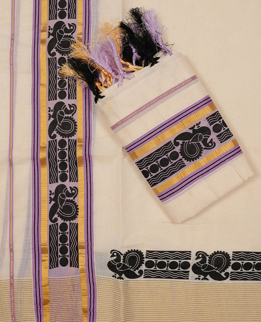 Off white colour Cotton Set Mund featuring a plain body, enhanced by a traditional black motif woven border with Lavender and gold zari stripes.