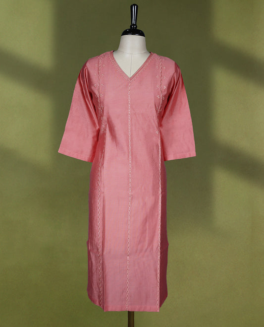 Peach Colour V neck Readymade kurti with embroidery work for women, featuring 3/4 sleeves.