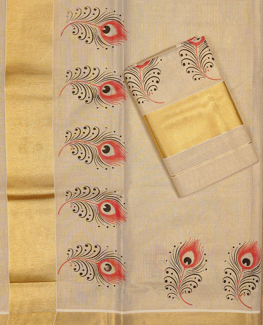 Cream colour Tissue silk set mund Featuring Elegant plain body, Complemented by Peacock print with zari border.