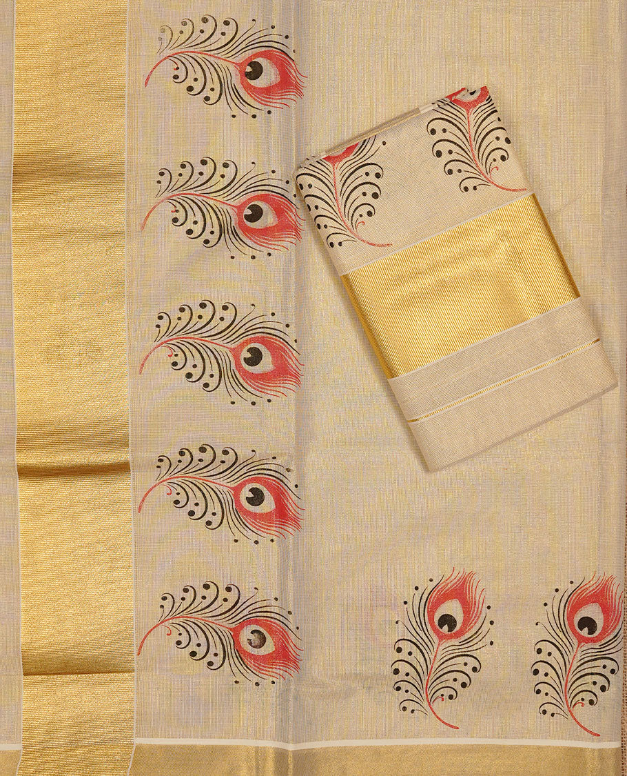 Cream colour Tissue silk set mund Featuring Elegant plain body, Complemented by Peacock print with zari border.