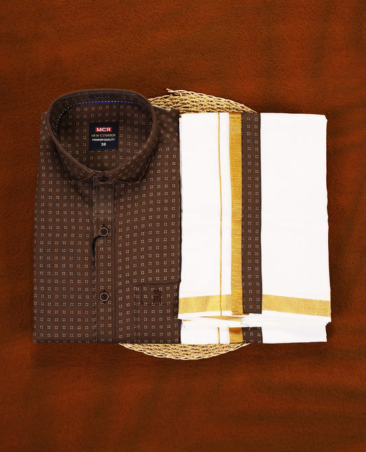 Brown colour MCR full sleeve shirt featuring all over abstract prints, paired with a white dhoti adorned with a rich golden zari kara and a matching printed border.