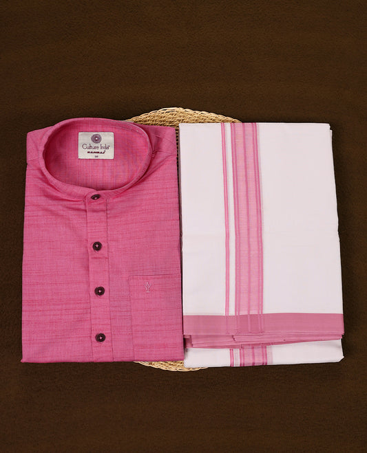 Pink colour short kurta and white dhoti set featuring a coordinated pink zari border crafted for a cheerful and traditional appearance perfect for festive occasions