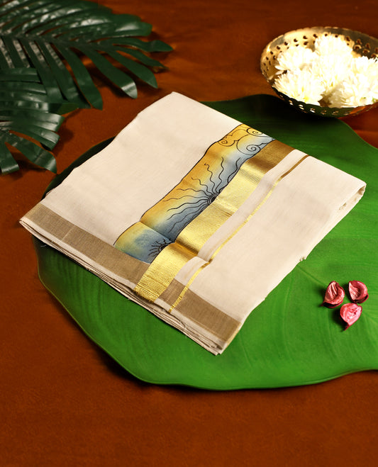Off white colour pure handloom cotton double dhoti featuring a broad golden kara with traditional mural motif, crafted for timeless elegance and cultural charm, perfect for festive and ceremonial wear.