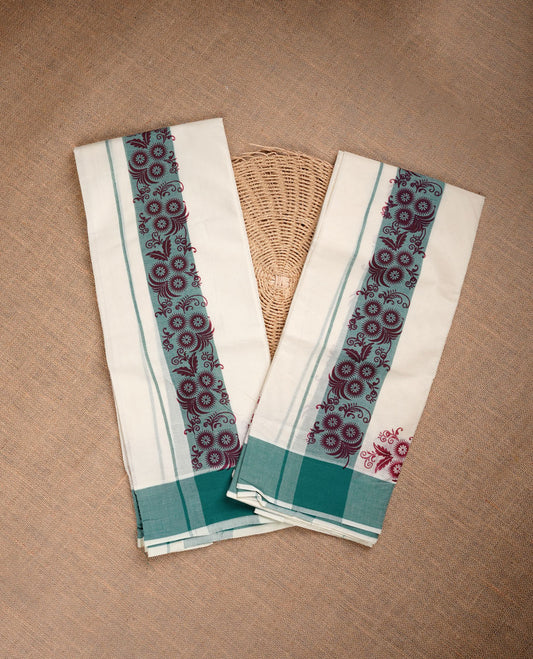 Cream colour cotton set mundu highlighting green colour border with maroon colour floral print