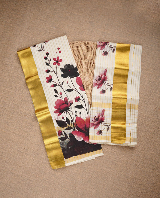 Cream colour cotton set mundu highlighting gold zari stripes on body,floral print on border.