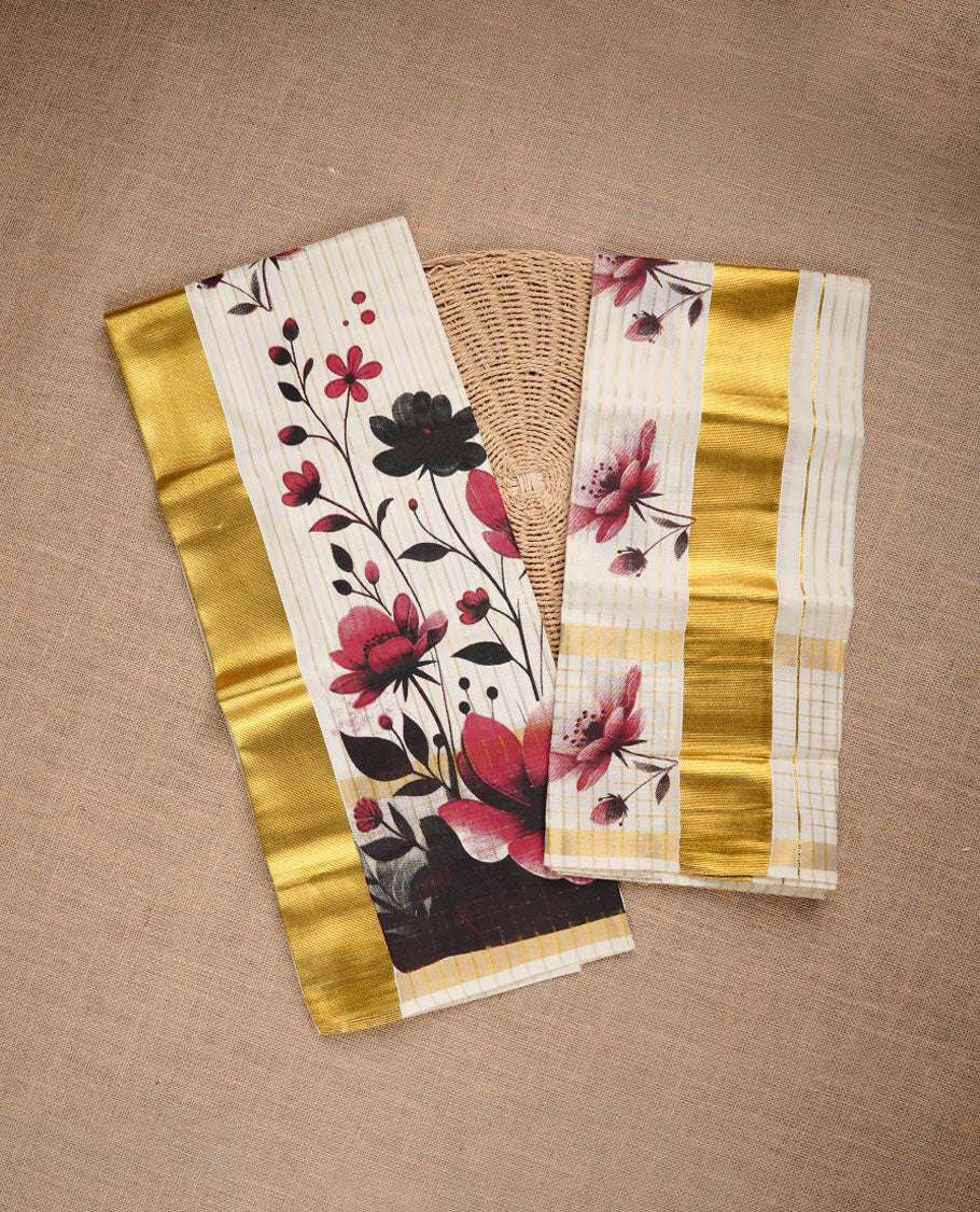Cream colour cotton set mundu highlighting gold zari stripes on body,floral print on border.