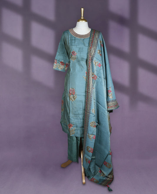 Pastel Teal green colour salwar set featuring elegant floral prints on the kurta and sleeves, detailed round neckline, paired with plain matching bottom and dupatta with intricate border work.
