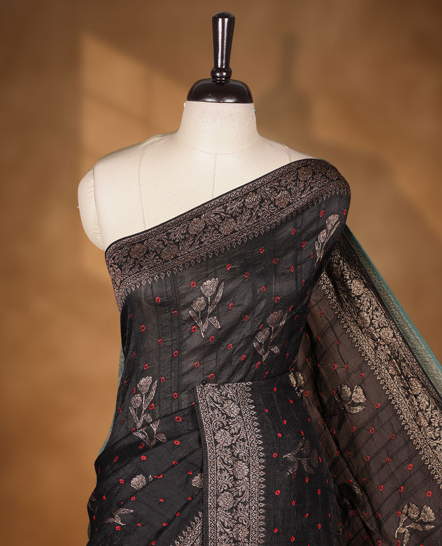 Black colour Banarasi Bandhani silk saree featuring with intricate Banarasi motifs on body, complemented by antique zari woven border and grand pallu, paired with matching  blouse