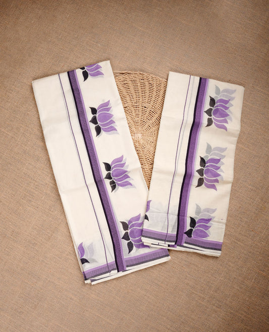 Cream colour cotton set mundu  highlighting Purple colour lotus printed & simple border