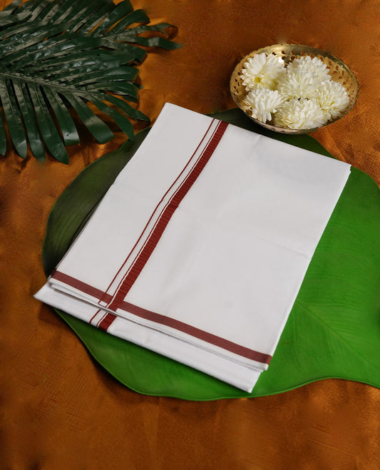 White Colour RAMRAJ Pure Cotton single Dhoti with Maroon Colour Border for Men