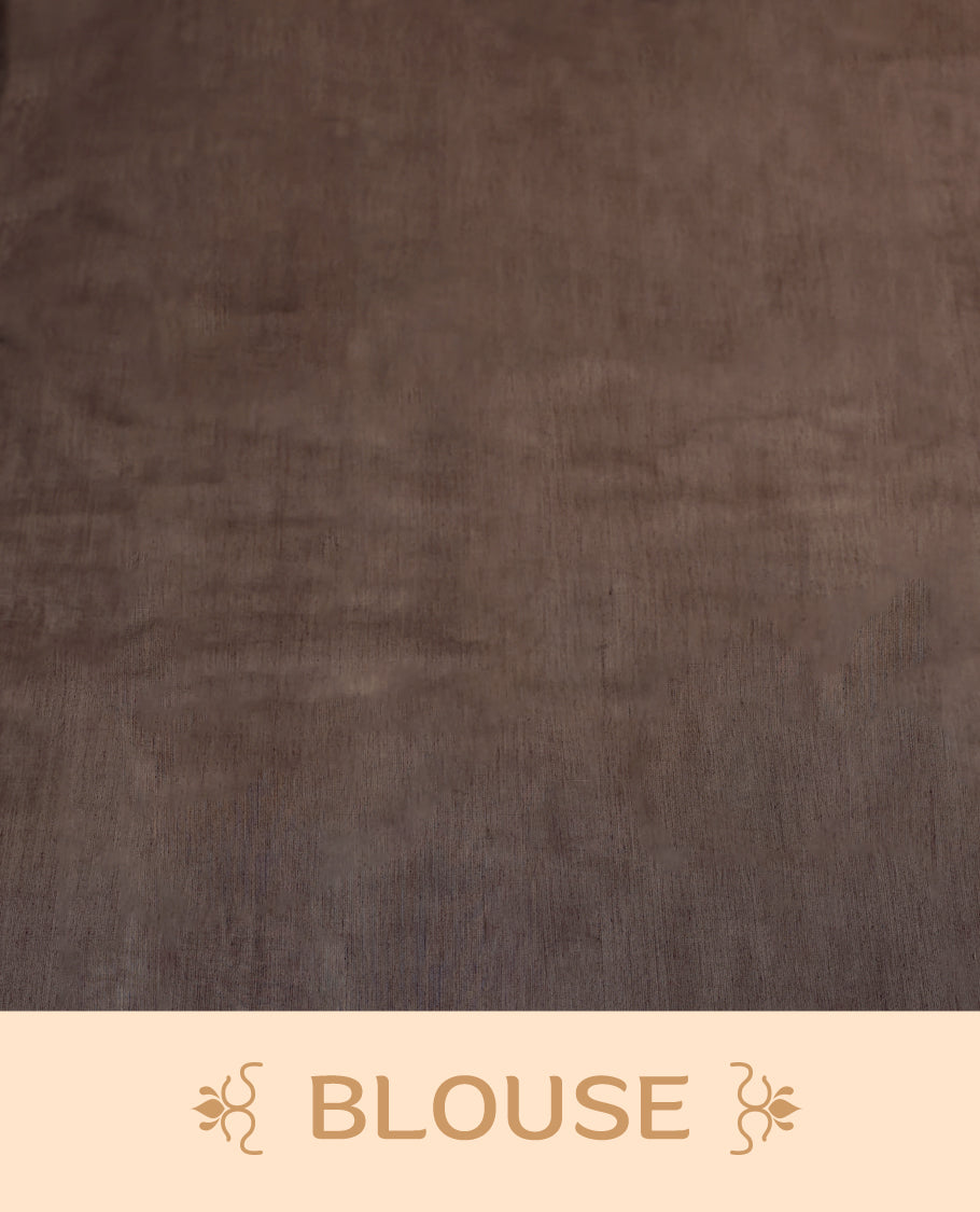Deep Brown colour Silk Cotton saree featuring intricate zari woven Motifs across the body, paired with a thin border & Contrast Colour Pallu ,with matching blouse