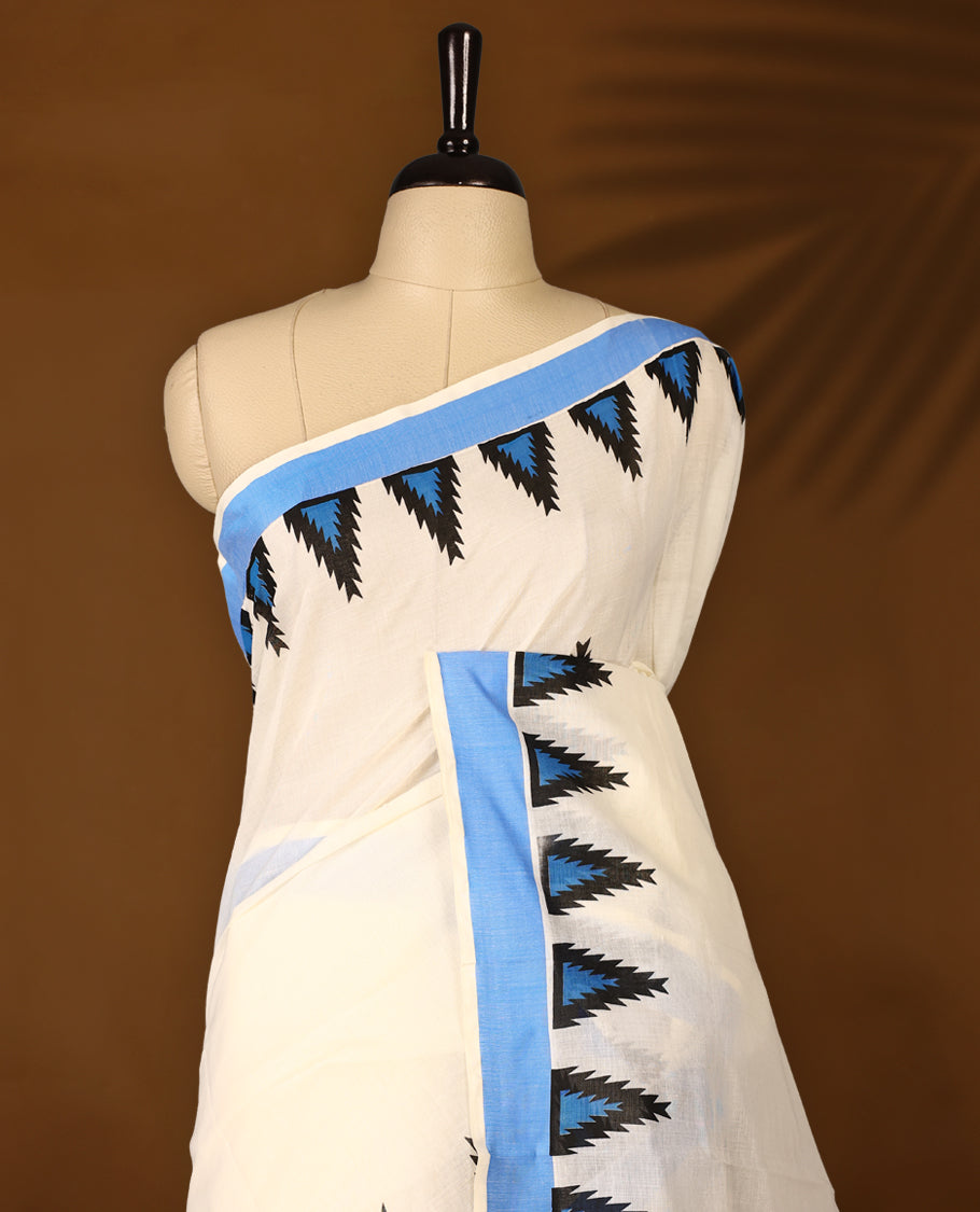 Elegant off white colour cotton Kerala saree featuring Plain body, Deep Blue colour border with colour temple designs, Paired with matching blouse offering a classic and graceful look