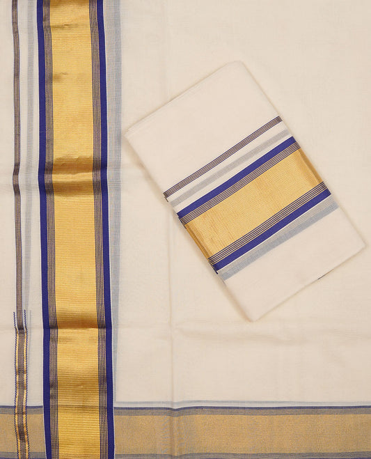 Off white colour Cotton Set Mund featuring a plain body, enhanced by a gold zari border with blue stripes.