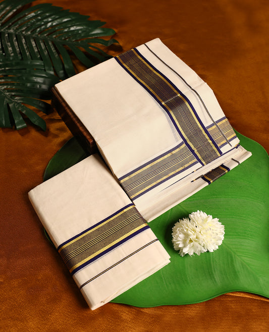 Off white colour cotton SET MUNDU featuring a plain body, complemented by a deep navy and gold toned 2 inch border( 2.00/2.80 MTS).