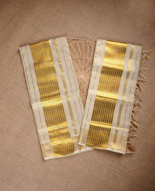 Light Gold colour tissue set mundu highlighting gold zari stripped pattern on body and border