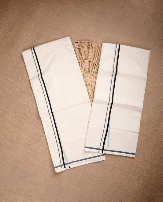 Cream colour cotton set mundu highlighting simple Black colour border.
