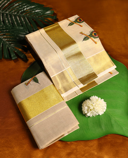 Light Gold colour tissue SET MUNDU featuring Peacock feathers with flute printed body, complemented by a bold Gold Zari border(2.00/2.80 MTS ).