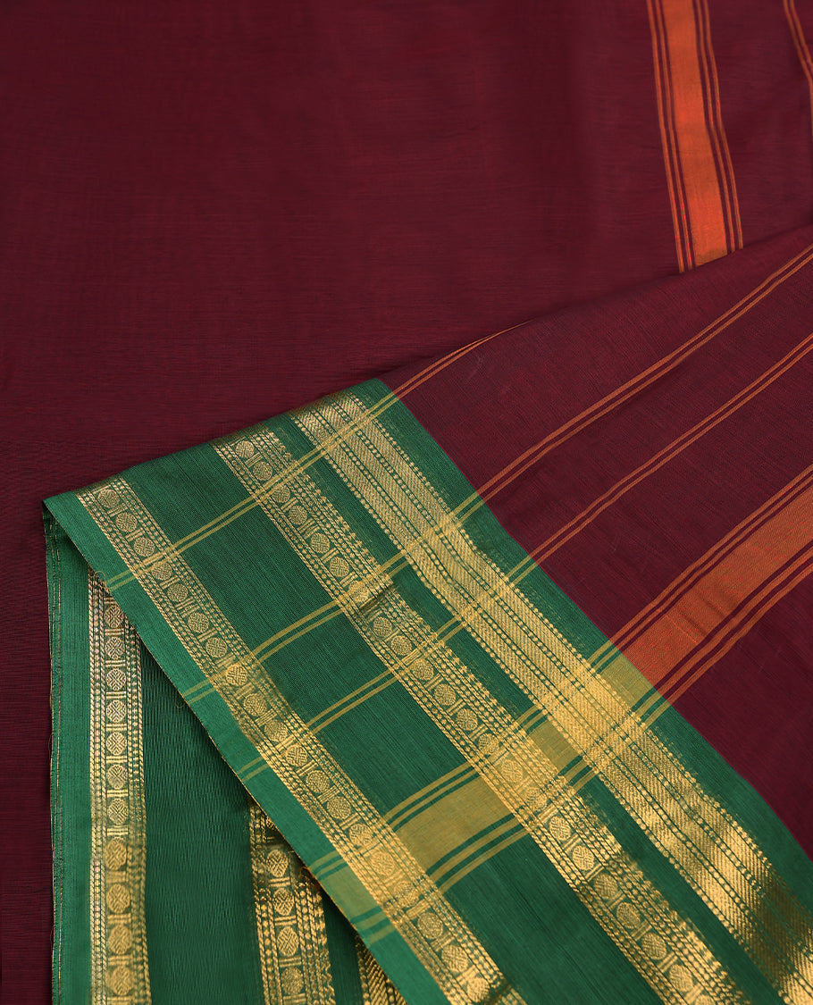 Maroon Colour Mixed Chettinad Cotton Saree having plain Body with Ganga Jamuna Border and Self Coloured Blouse