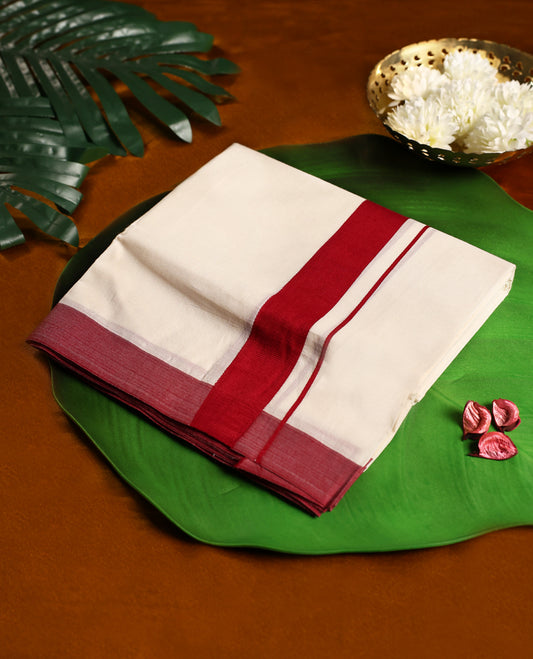 Off white cotton single dhoti featuring a deep red kara with fine double line edging, crafted for traditional elegance and daily comfort, perfect for rituals, temple visits, and cultural occasions.