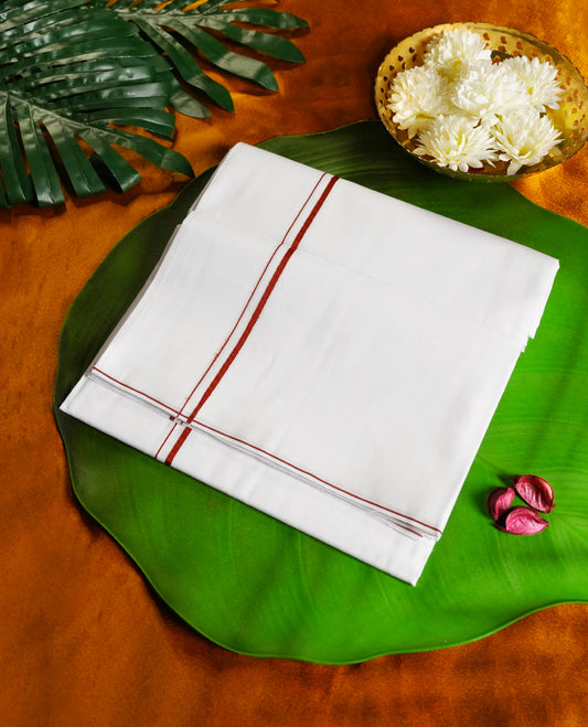 White colour cotton dhoti with a minimal maroon border, Soft, breathable, and ideal for everyday traditional wear or spiritual occasions & A subtle and elegant staple for your ethnic wardrobe.