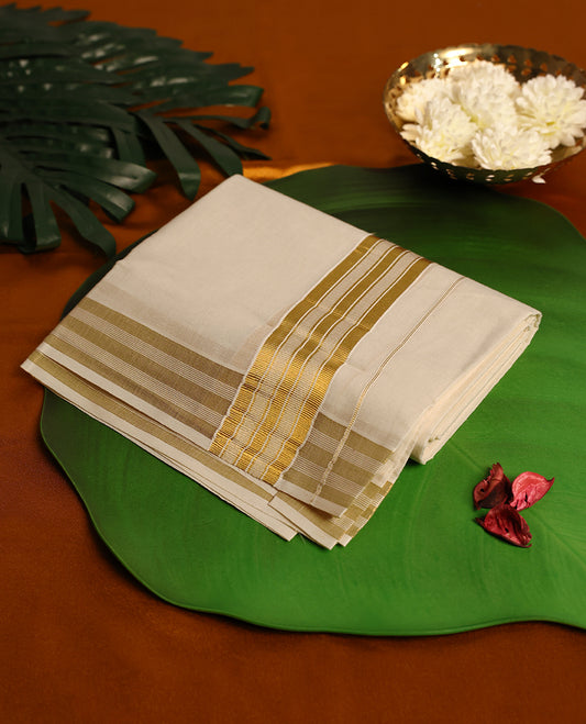 Light ivory Colour cotton double dhoti with 2 Inch Golden kara, crafted for traditional elegance & comfort, for men.
