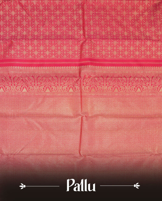 Red Rose colour Kanchipuram pattern Manthrakodi saree featuring floral motifs zari antique gold jacquard kanchipuram traditional small diamond & banarasi zigzag gold zari border and plain blouse piece with zari border.