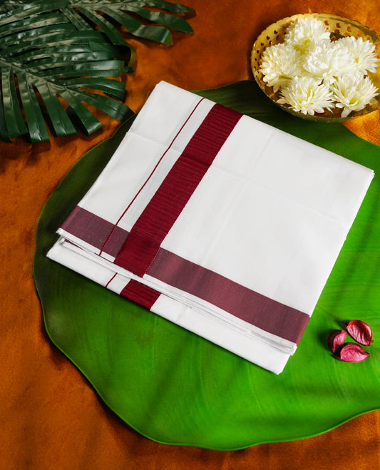 white colour cotton dhoti with a rich maroon border, Crafted for comfort and tradition, perfect for festivals, rituals, or special occasions & A bold yet classic addition to your ethnic collection.