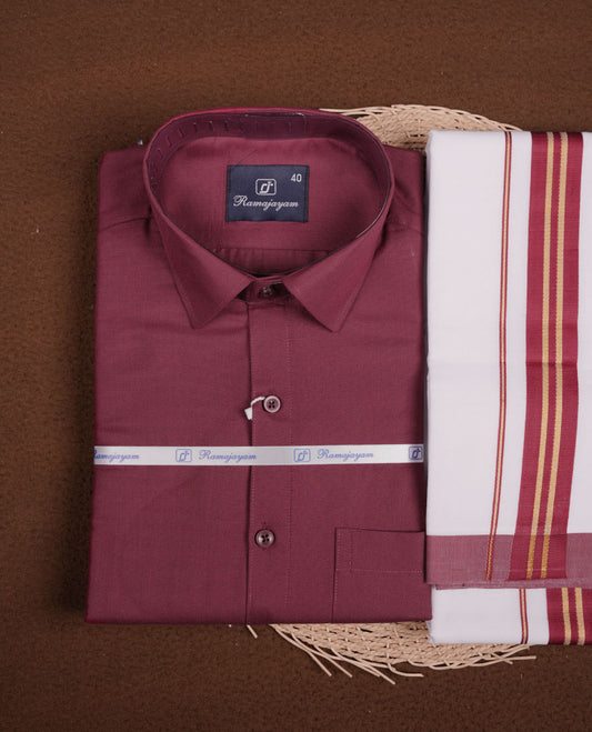 Maroon Colour shirt paired with a matching dhoti, finished with a maroon and gold border.