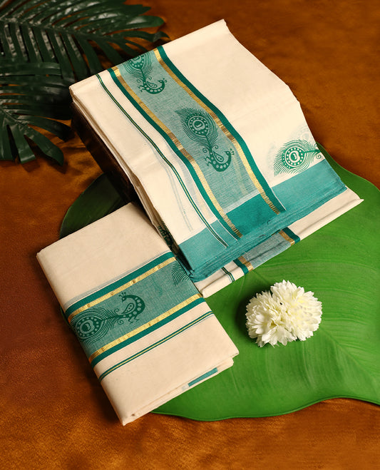 Off white colour cotton SET MUNDU featuring a plain body, complemented by green and gold toned border with peacock prints( 2.00/2.80 MTS).