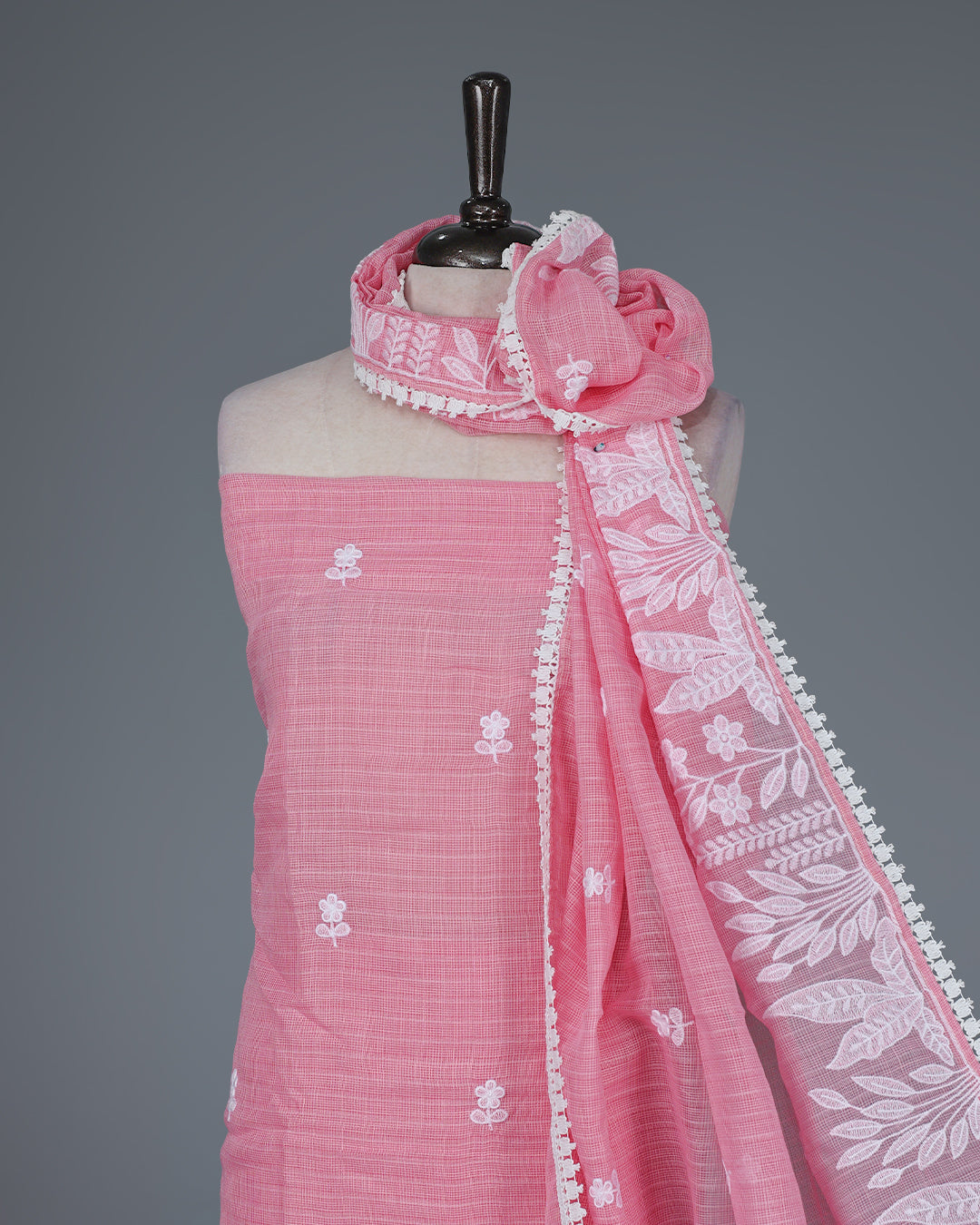 Candy Pink Colour Kotta Net  Salwar Material Featuring Elegant White Floral Thread Embroidery on the Kurta, paired with a matching bottom & beautifully embroidered Dupatta.