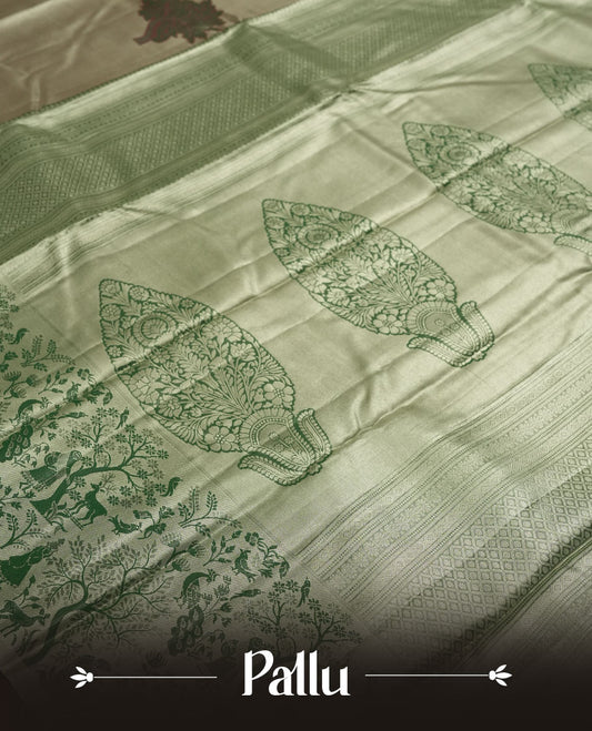 Light Green Tissue Saree, Forest Animal Print with Birds and Deer, Green and Maroon Printed Border, Green Leaf Motifs on Cream Pallu, with Matching Blouse