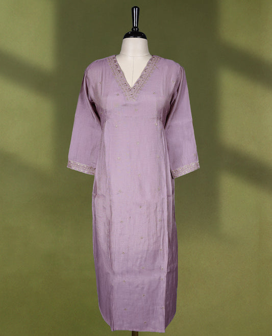 Pastel onion Colour V neck Readymade kurti with golden embroidery for women, featuring 3/4 sleeves.