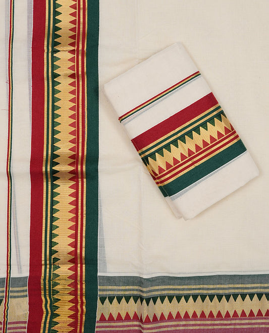 Off white colour Cotton Set Mund featuring a traditional multicolour temple pattern border in green, red and gold zari, enhanced with a thin multicolour striped border.
