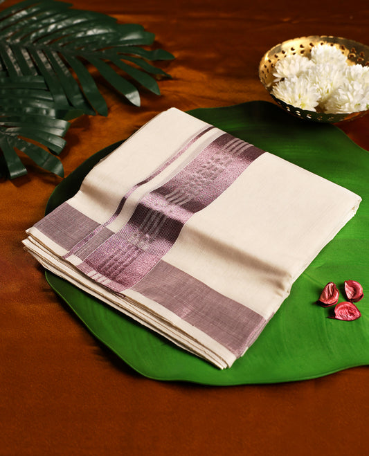 Off white colour pure handloom cotton double dhoti featuring a rose gold kara with subtle textured detailing, designed for traditional grace, cultural elegance, and everyday comfort.
