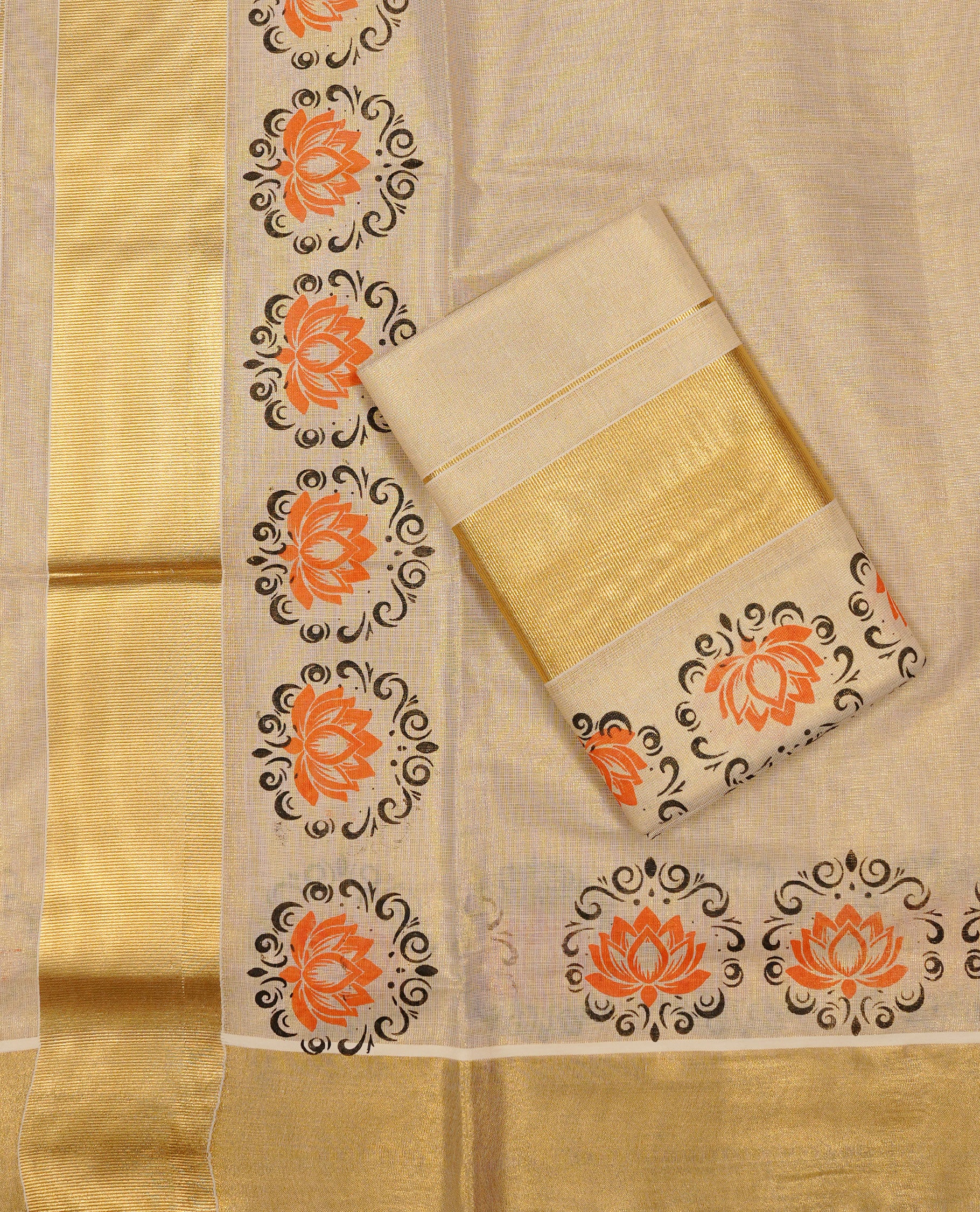 Cream colour Tissue silk set mund Featuring Elegant plain body, Complemented by Floral print with zari border.