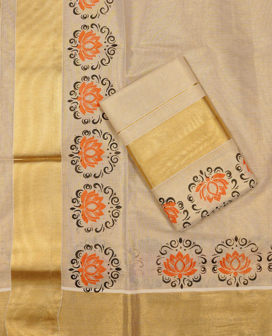 Cream colour Tissue silk set mund Featuring Elegant plain body, Complemented by Floral print with zari border.