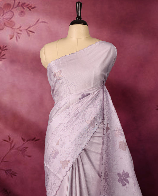 Pastel purple colour pure tussar silk lightweight saree with self colour floral kodi embroidery and tissue fabric applique work on the body, scallop embroidery worked border, with matching self colour plain blouse