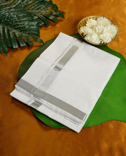 White Colour Pure Cotton double Dhoti with Rose gold silver Colour Border for Men