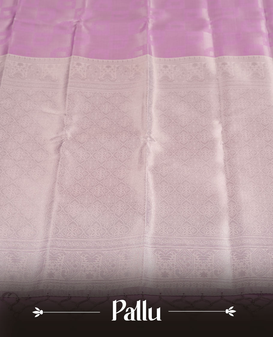 Pink colour Semi Silk Saree with Self-Checked Geometric Patterns, Contrasting Silver Zari Woven Pallu and Border with Intricate Motifs and Tassels, Paired with Coordinated Blouse Piece