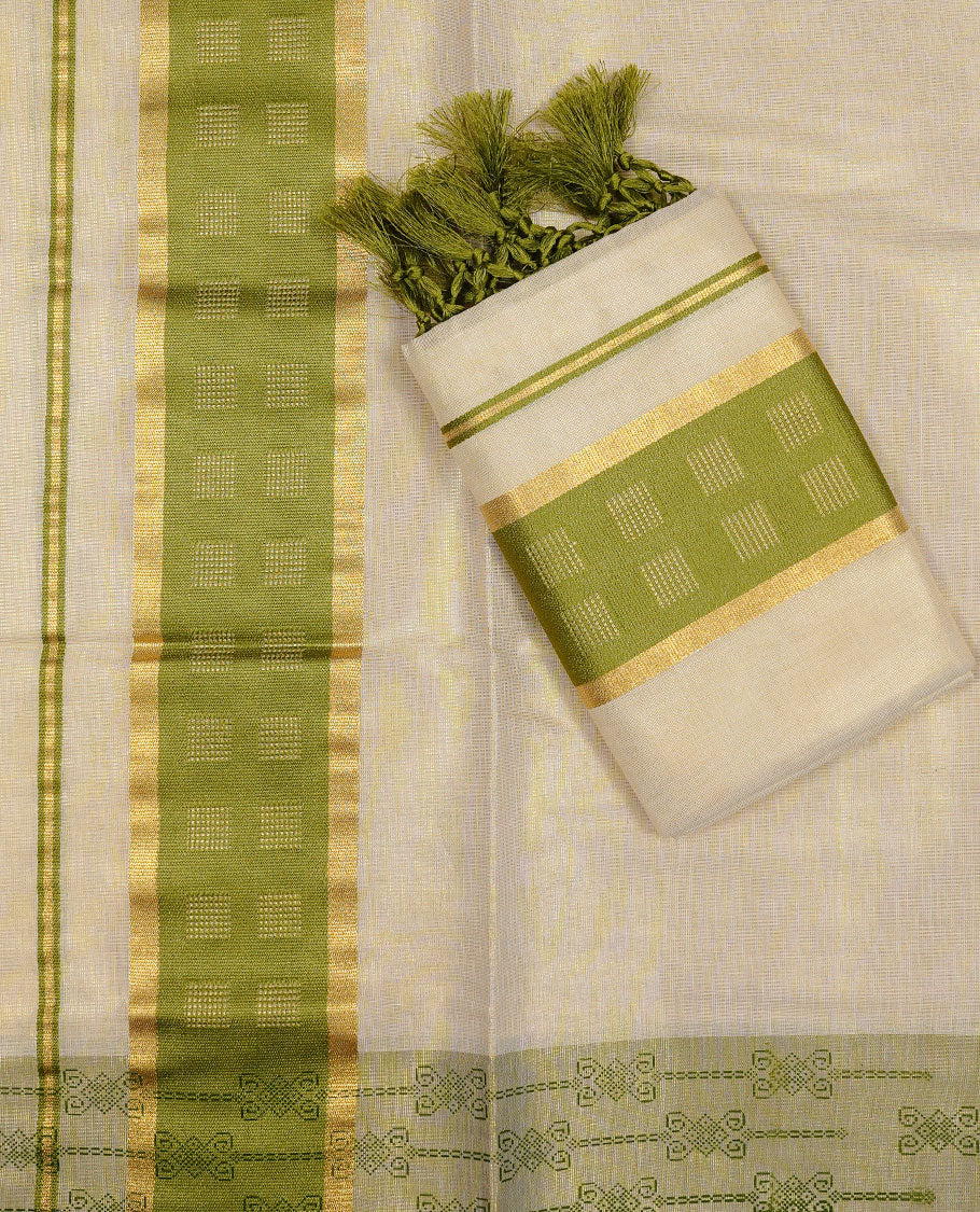 Golden colour Tissue silk set mundu features a plain body accented by a Green & gold zari border.