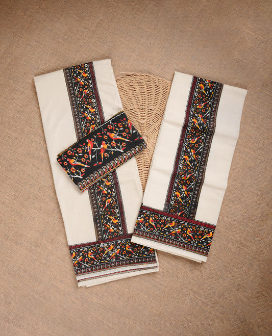 Cream colour cotton set mundu highlighting Black colour floral & birds motifs printed border.
